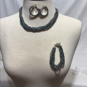 Premier Designs Retired Multi-Strand Blue and Silver Necklace Set
